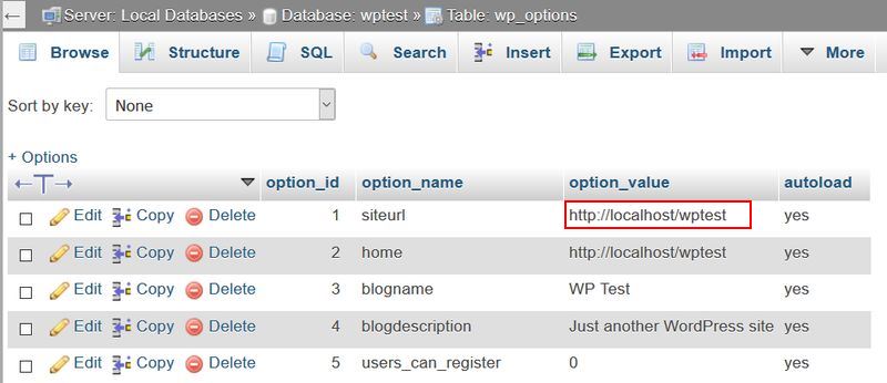 phpMyAdmin Check Site URL